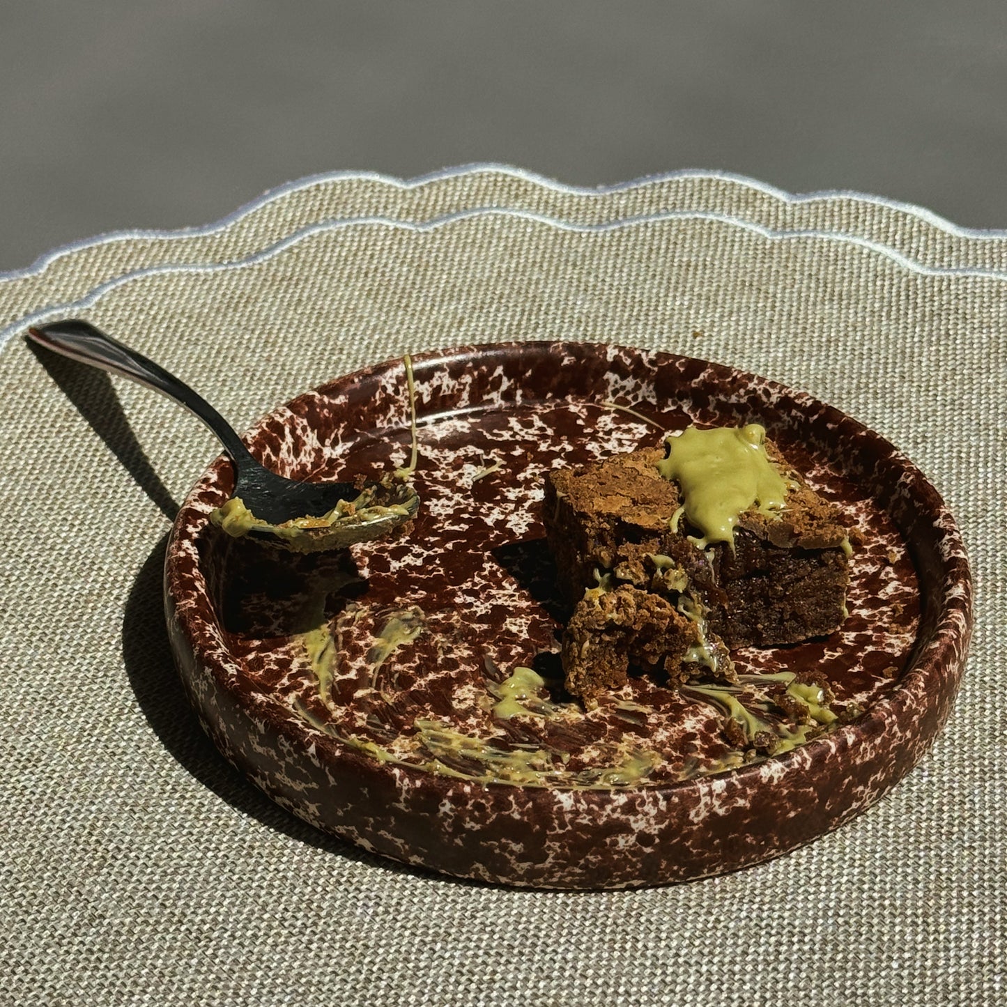 Stoneware handmade ceramic plates, dessert plates. chocolate brownie pistachio cream