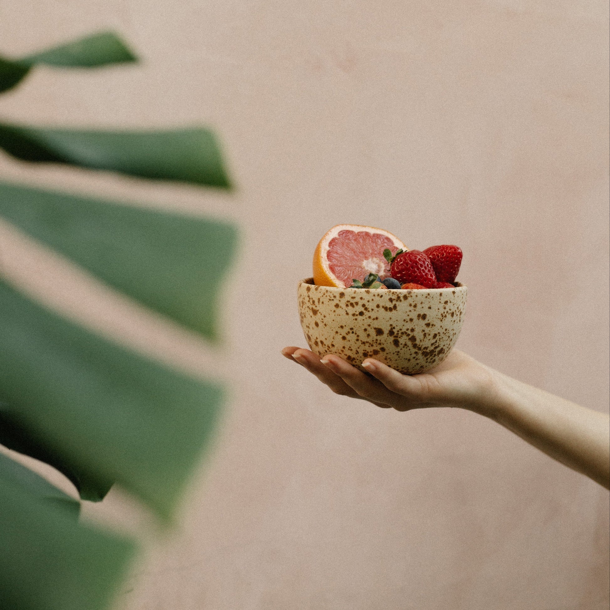 Hand holding a small bowl of fruit against a beige wall with green leaves in the foreground