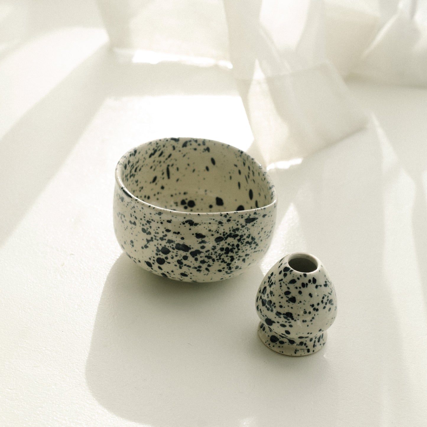 Handmade ceramic matcha bowl and whisk holder, cool matcha set.